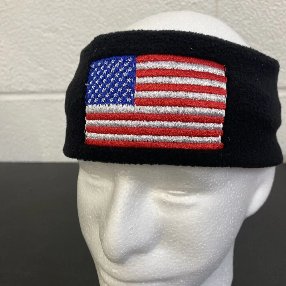 Head Band Ear Warmer Fleece Material Black with Embroidered American Flag